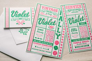 Custom vintage tennis inspired Bat Mitzvah invitations from Smock