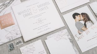 Modern Rose gold Sheridan wedding invitations from Smock
