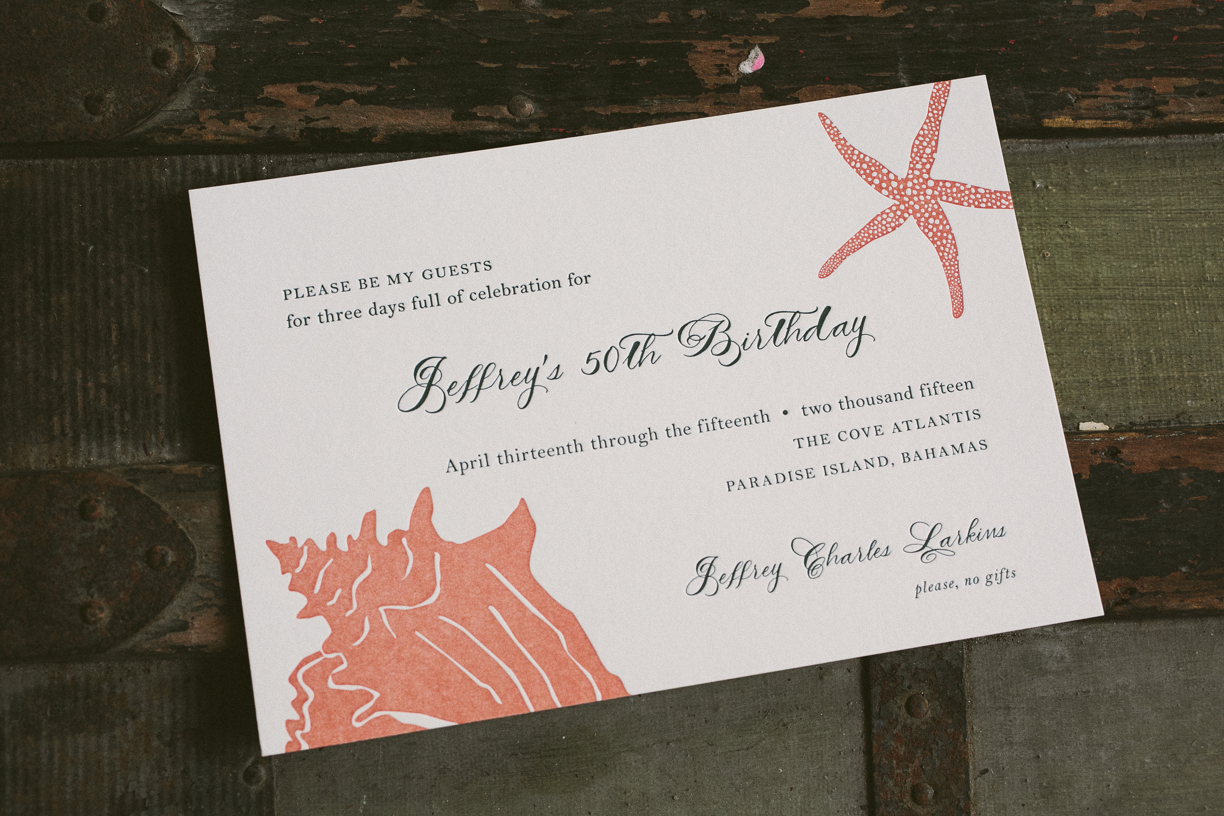 Ocean inspired, letterpress printed 50th Birthday party invitations from Smock 