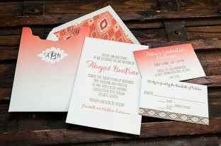 Letterpress Bat Mitzvah invitations with orange ombre sleeve from Smock
