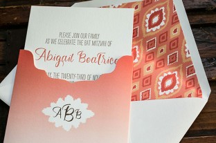 Letterpress Bat Mitzvah invitations with orange ombre sleeve from Smock