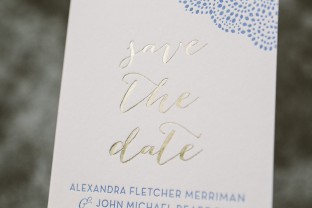 Tawny matte + cornflower letterpress save the dates from Smock