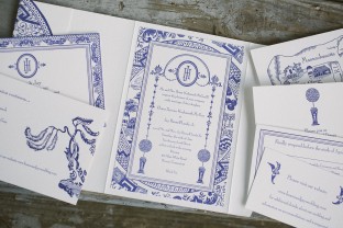 Custom china inspired pocketfold wedding invitations from Smock