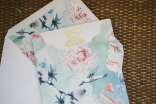 Custom tropical wedding invitation sleeve and custom envelope liners