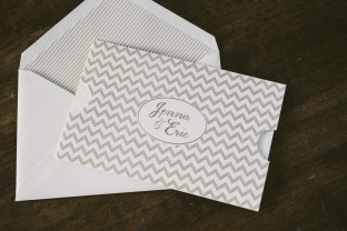 Chevron sleeve + foil stamped rehearsal dinner invitations from Smock