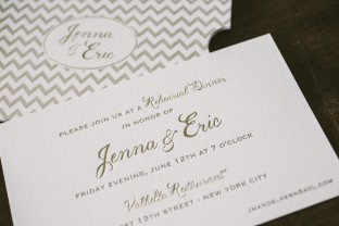 Chevron sleeve + foil stamped rehearsal dinner invitations from Smock