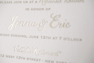 Chevron sleeve + foil stamped rehearsal dinner invitations from Smock