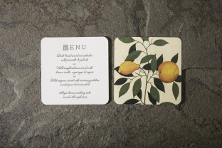 Donegal wedding menus with lemon vintage patterned backers