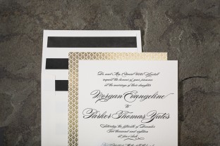 Sutherlin letterpress wedding invitations from Smock with gold foil stamped backers
