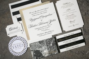 Sutherlin letterpress wedding invitations from Smock with gold foil stamped backers