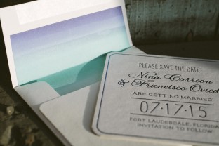Blue foil coaster save the dates from Smock with watercolor envelope liners