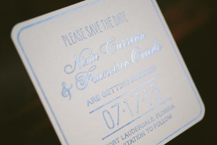 Blue foil coaster save the dates from Smock with watercolor envelope liners