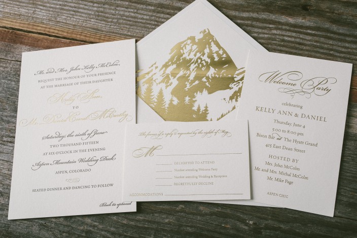 Gold foil stamped envelope liners featuring the Rocky Mountains