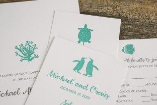 Custom aquarium inspired letterpress wedding invitations and programs by Smock