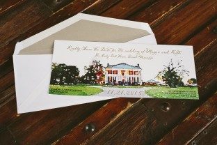 Custom save the dates featuring a watercolored take on the Baby Doll House in Mississippi