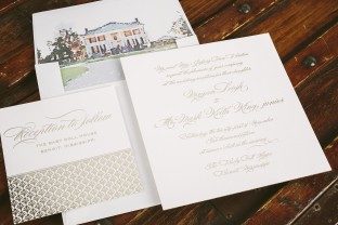 Custom foil stamped wedding invitations for a wedding at the Baby Doll House in Mississippi