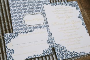 Custom gold + navy wedding invitations and sleeves from Smock
