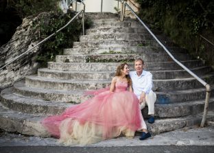 Custom pink Vera Wang wedding gown