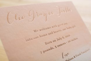 Painterly rose gold birth announcements from Smock