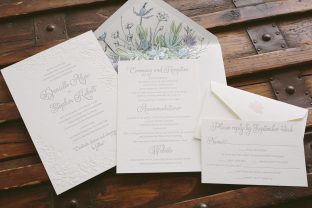 Elegant garden inspired wedding invitations featuring blind embossing and blind debossing