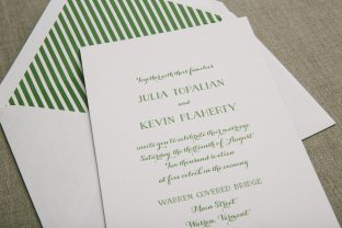 Green letterpress wedding invitations with striped envelope liners from Smock