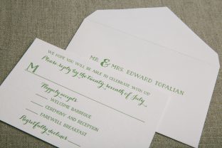 Green letterpress wedding invitation reply cards from Smock