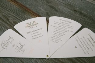 Letterpress + foil stamped paper fan wedding programs from Smock