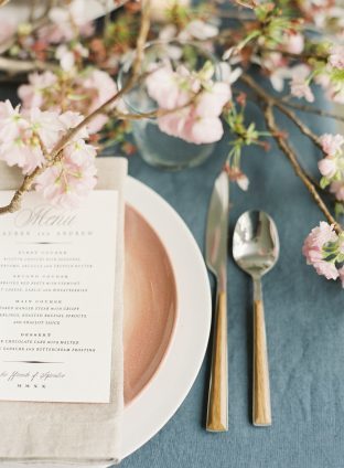 Cherry Blossom wedding inspiration featuring letterpress wedding menus by Smock and photos by Angela Newton Roy Photography