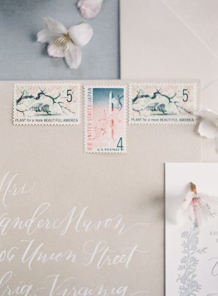 Cherry Blossom wedding vintage postage stamps | photos by Angela Newton Roy Photography