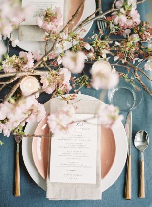 Cherry Blossom wedding inspiration shoot featuring letterpress wedding menus by Smock and photos by Angela Newton Roy Photography