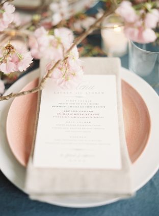 Cherry Blossom wedding inspiration shoot featuring letterpress wedding menus by Smock and photos by Angela Newton Roy Photography