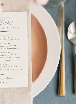 Cherry Blossom wedding inspiration featuring letterpress wedding menus by Smock and photos by Angela Newton Roy Photography