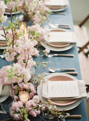 Cherry Blossom wedding inspiration featuring letterpress wedding menus by Smock and photos by Angela Newton Roy Photography