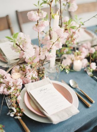Cherry Blossom wedding inspiration featuring letterpress wedding menus by Smock and photos by Angela Newton Roy Photography