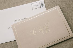 Custom pocketfold monogrammed wedding invitations with matching monogram postage stamp