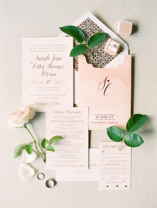 Romantic real wedding featuring blush + rose gold foil stamped wedding invitations by Smock | Photos by Rachel Solomon Photography