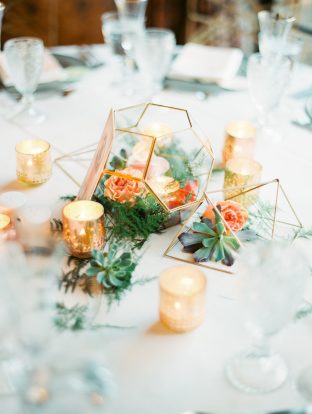 Modern gold + geometric floral wedding centerpieces | Photos by Rachel Solomon photography