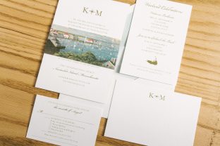 Gold foil stamped wedding invitations with seaside style from Smock