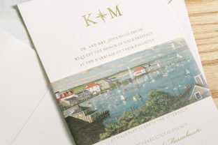 Gold foil stamped wedding invitations with seaside style from Smock