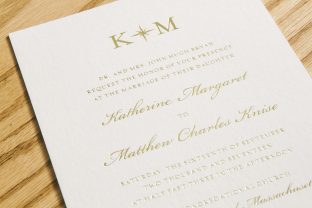 Gold foil stamped wedding invitations with seaside style from Smock