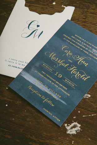Moody navy watercolor invitations with gold foil stamped accents from Smock