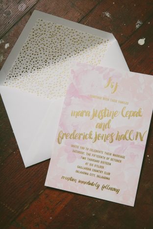 Playful watercolor wedding invitations printed in gold foil from Smock
