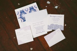 Pretty purple and blue letterpress Bat Mitzvah invitations from Smock