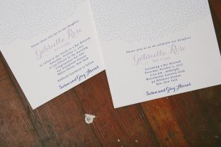 Pretty purple and blue letterpress Bat Mitzvah invitations from Smock