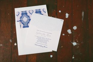 Pretty purple and blue letterpress Bat Mitzvah invitations from Smock