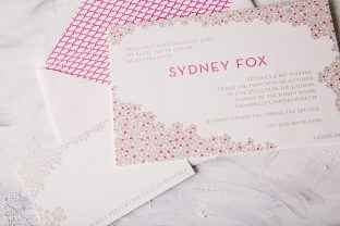 Sweet letterpress Bat Mitzvah invitations printed in Hot Pink and Jute from Smock