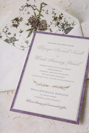 Foil stamped wedding invitations with botanical accents from Smock