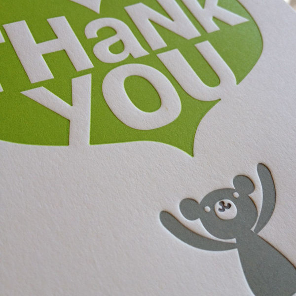 A chartreuse and grey lettepress thank you card, printed at Fugu Fugu Press, brightens up any day.