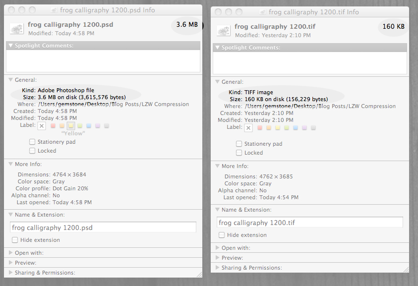 Comparison of two files and their data size: one is a Photoshop (PSD) file at 3.6 MB and one is a TIFF file at 160KB because of LZW compression.