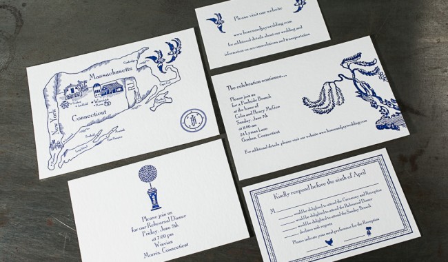 Custom azure letterpress wedding invitation suite